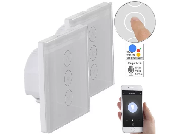 Luminea Home Control Smart Home Lichtschalter:2er-Set Touch-Lichtschalter & Dimmer, Für Alexa & Google Assistant 1