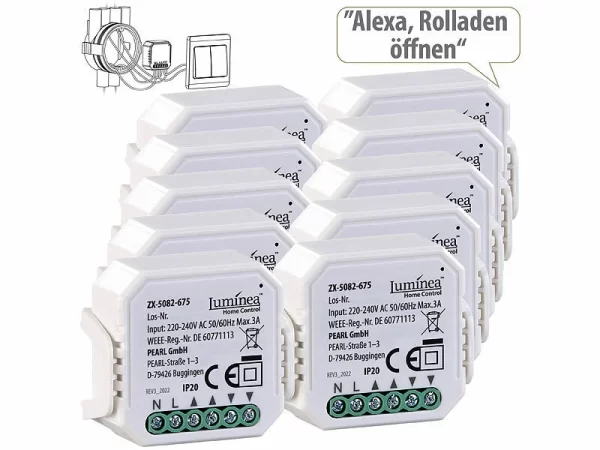 Luminea Home Control Rolladensteuerung:10er-Set WLAN-Unterputzmodule Für Smarte Rollladen, App & Sprachbefehl 1