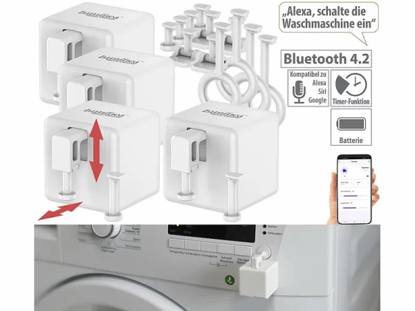 Luminea Home Control Bluetooth Schalter:4er-Set Smarte Schalter-Aufsätze Für Kippschalter & Taster, Mit App 1